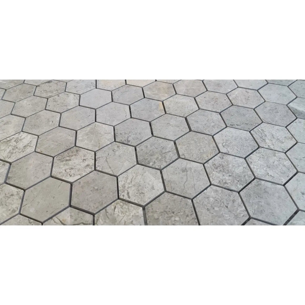 Tundra gray 2 inch hexagon marble mosaic polished or honed stone tiles with subtle natural veining in gray