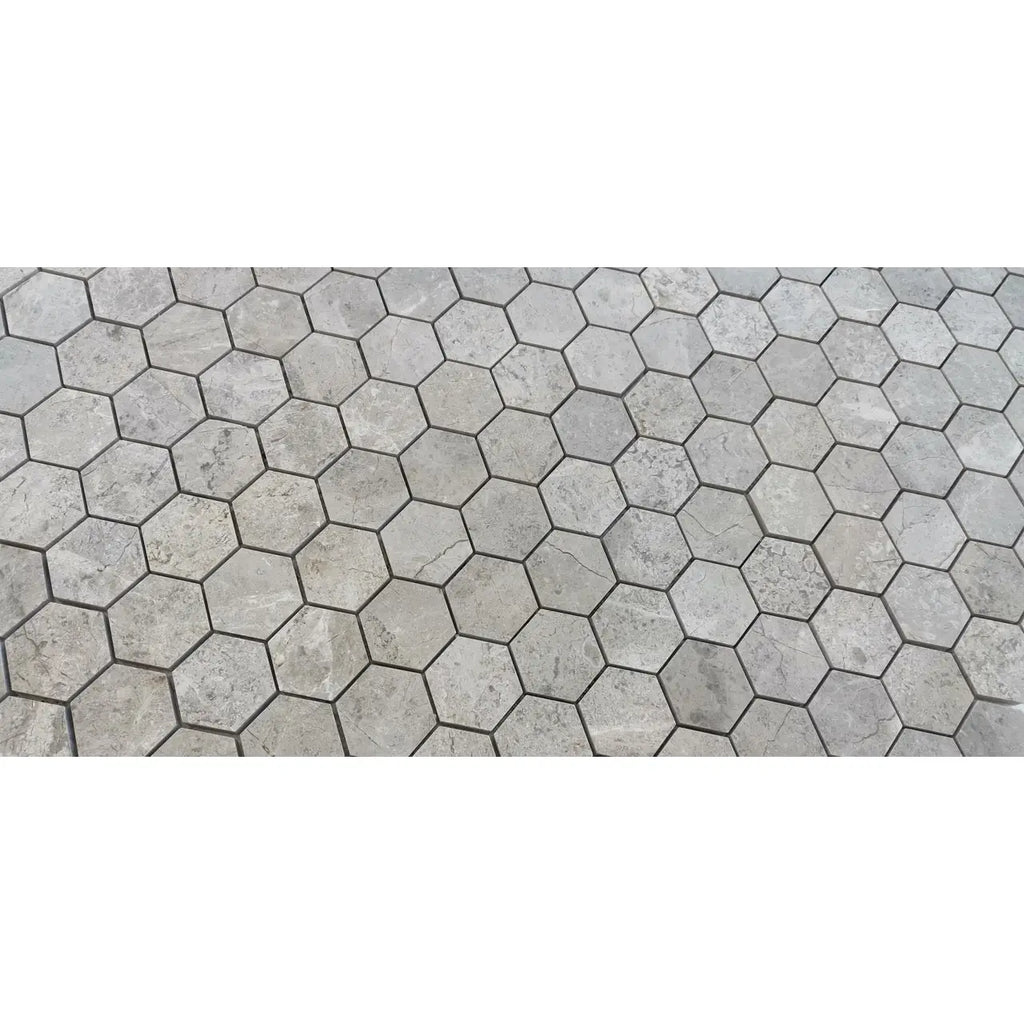 Tundra gray 2 inch hexagon marble mosaic with subtle veining and a matte honed finish on gray stone tiles