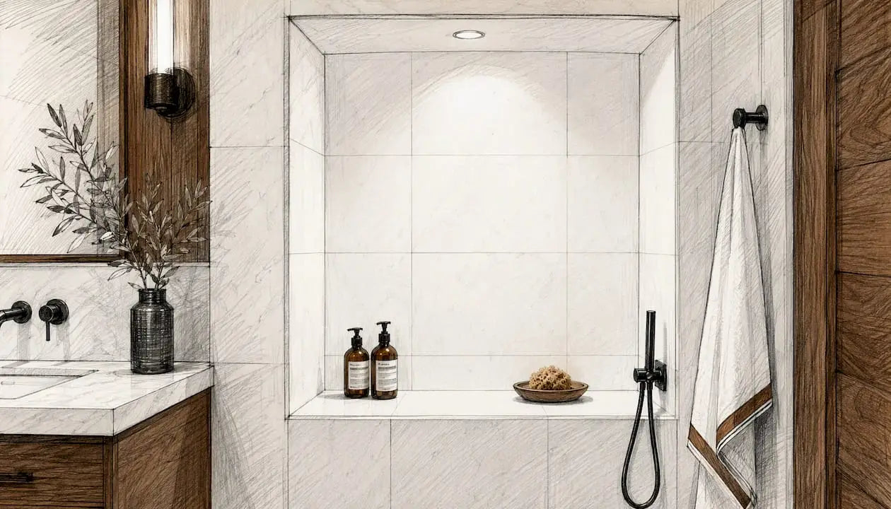 Bathroom niche clad in Thassos marble tiles