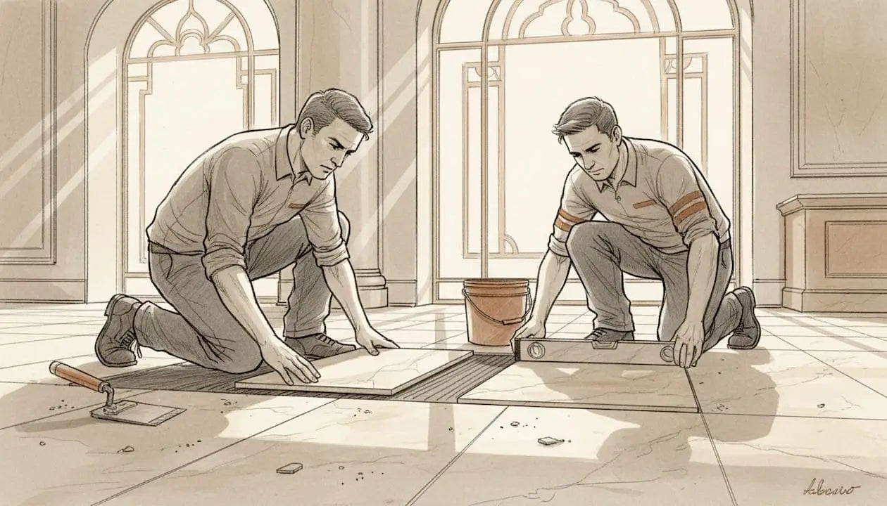 Installers leveling marble tiles on lobby floor