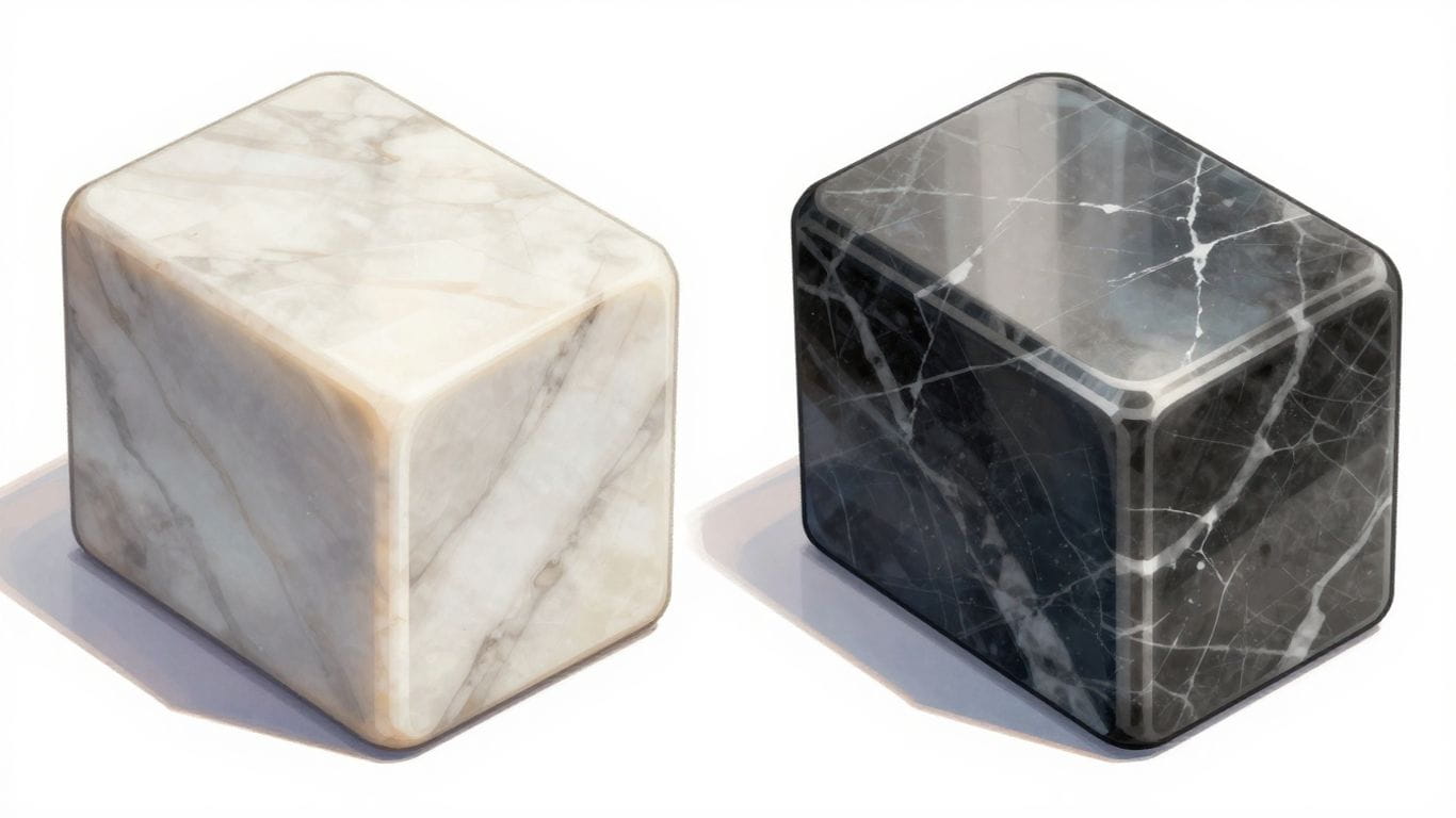 Honed vs. polished marble finishes comparison sketch.