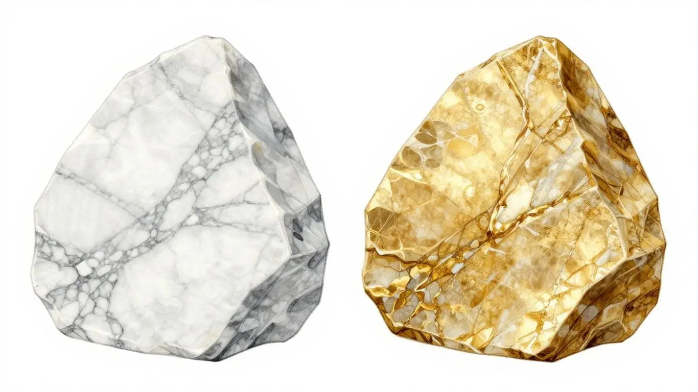 Carrara vs Calacatta Gold marble comparison sketch.