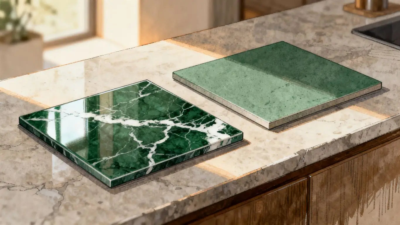 Polished and honed green marble finish samples