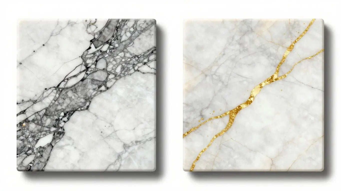Sketch comparing Carrara and Calacatta Gold marble slabs.
