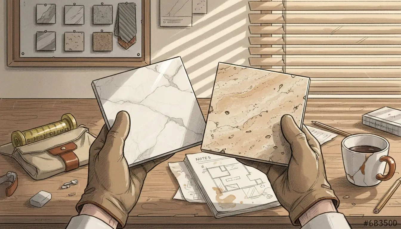 Hands comparing polished and honed marble tiles