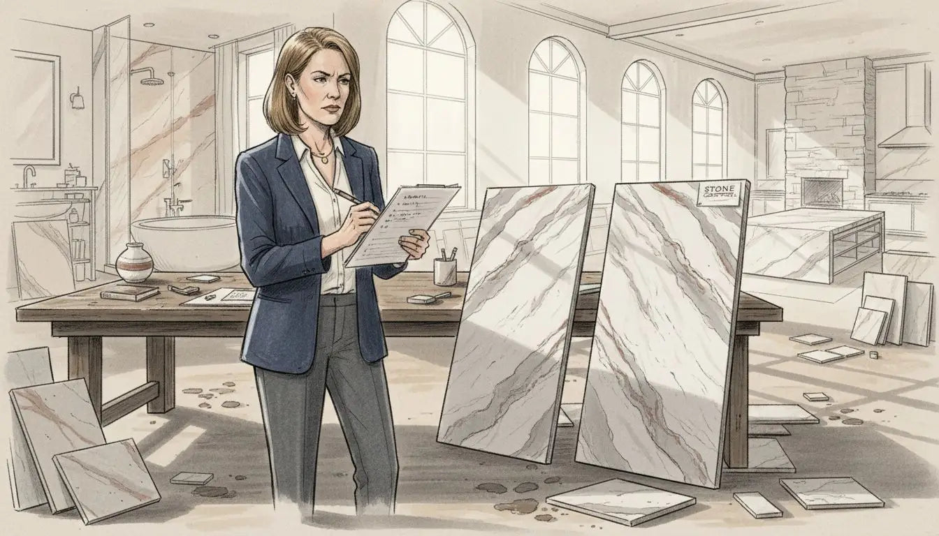 Designer inspects marble slab vein patterns