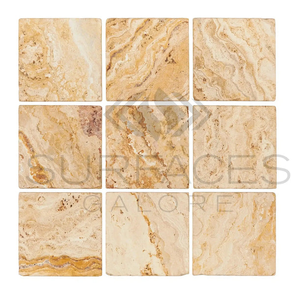 Valencia Travertine 18X18 Filled and Honed showcasing nine square travertine tiles