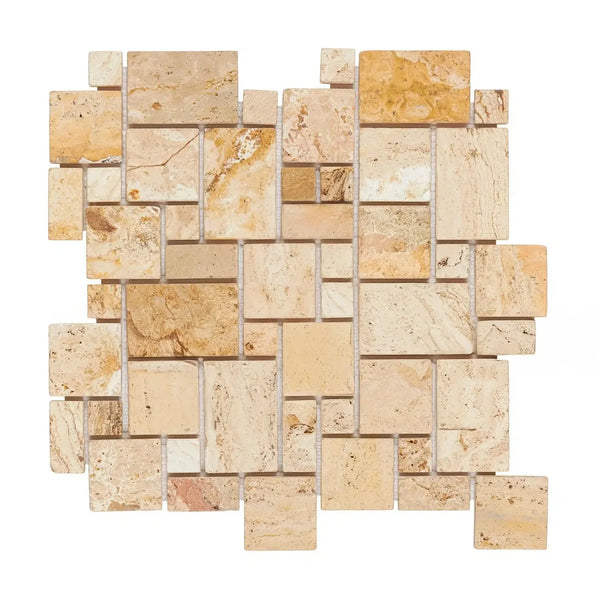 Beige Travertine mosaic tile in Valencia Travertine OPUS Mini-Pattern interlocking design