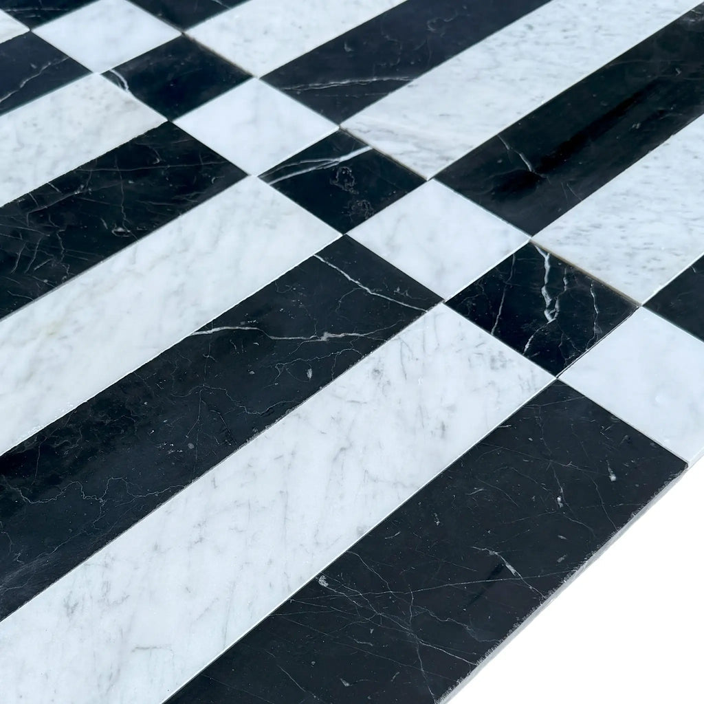 Black and white marble tile pattern of Veneto in Nero Marquina and Carrara White