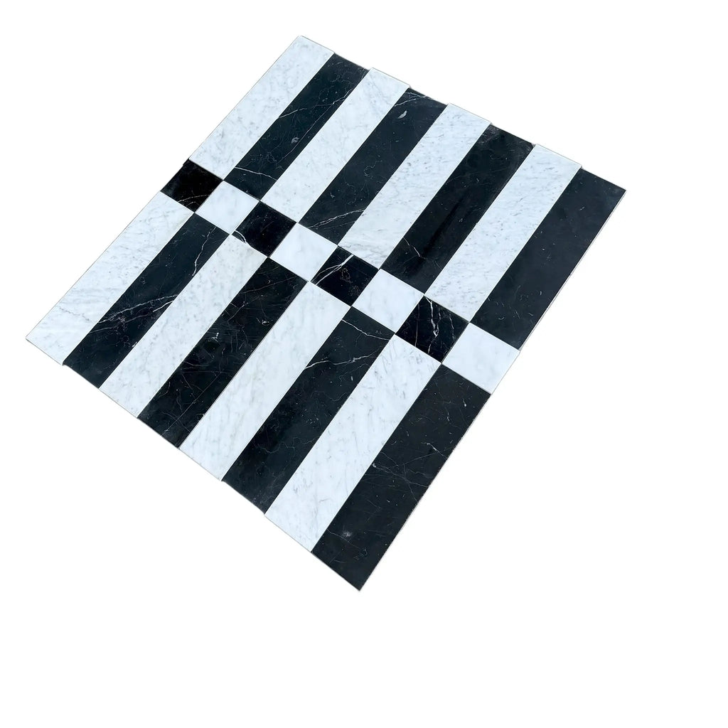 Black and white striped marble tile pattern of Veneto in Nero Marquina and Carrara White