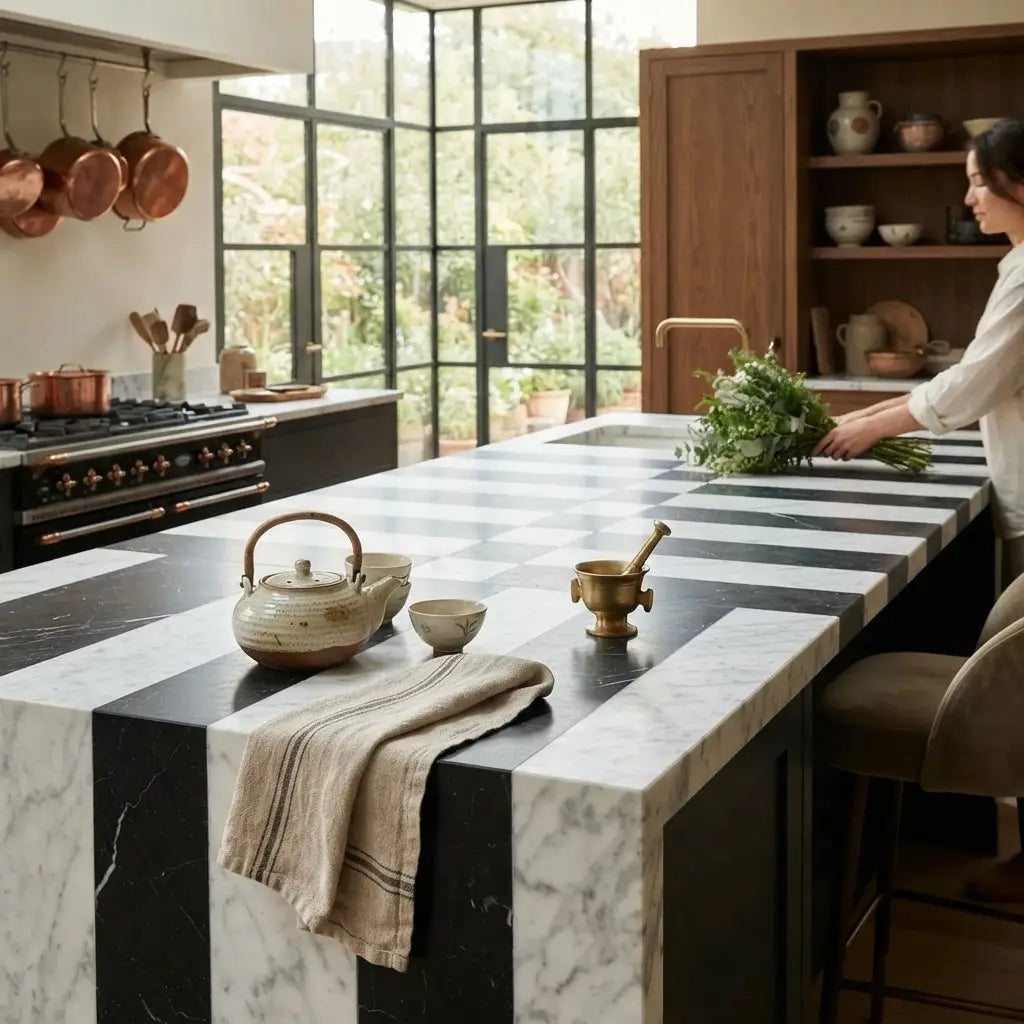 Black and white marble kitchen island Veneto in Nero Marquina and Carrara White with bold striped pattern