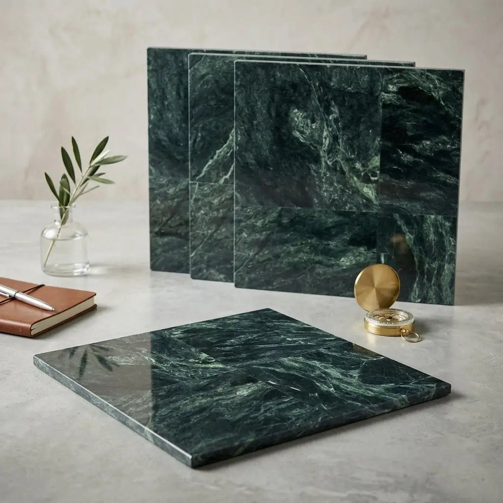 Dark green verde alpi empress green marble coasters with swirling veining and polished edges for stylish use
