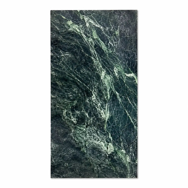 Dark green verde alpi polished marble slab with swirling lighter green and white veining 12x24 size