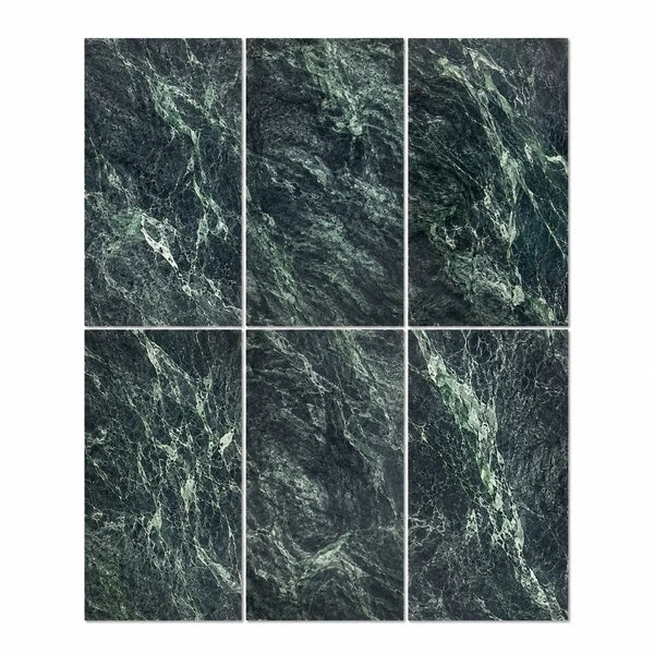 Six polished verde alpi empress green marble tiles 12x24 with dark green base and white veining patterns