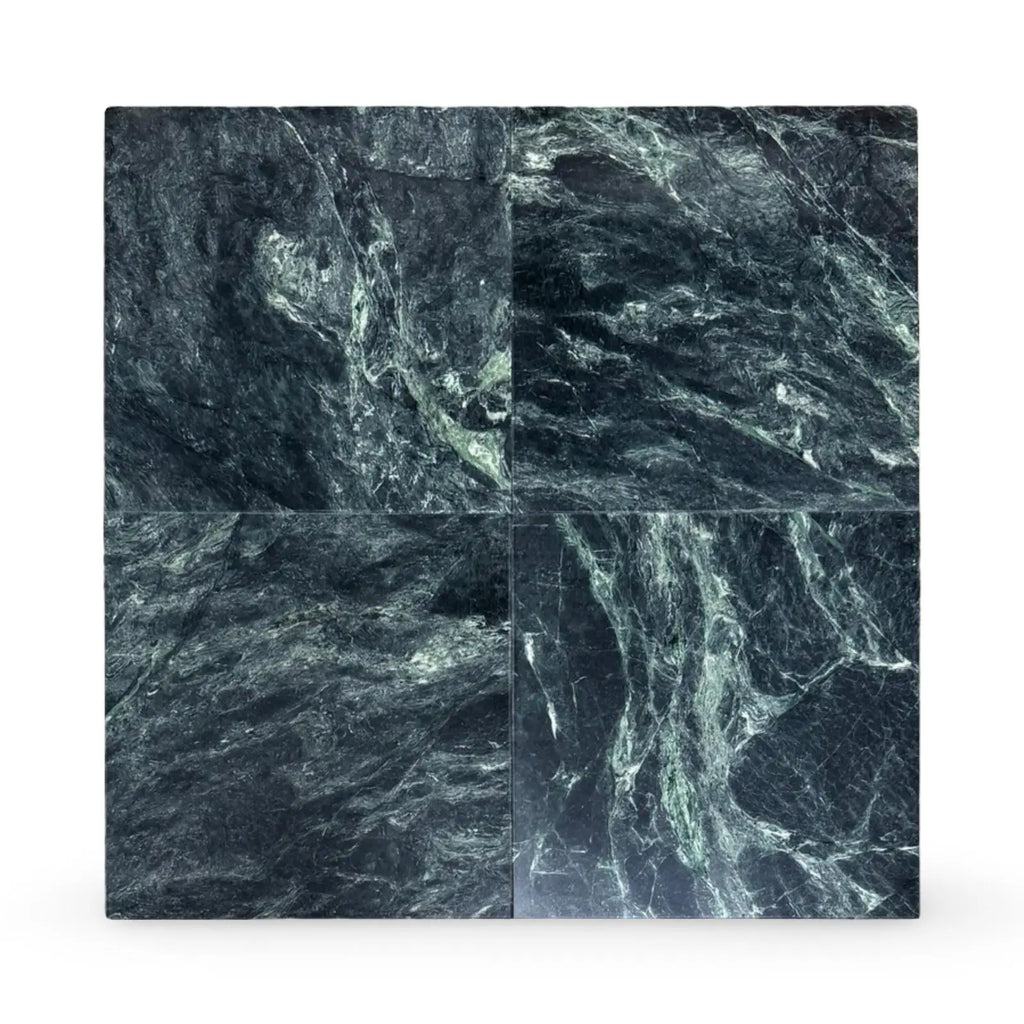 Square of dark green polished Verde Alpi Green Marble tiles for elegant flooring