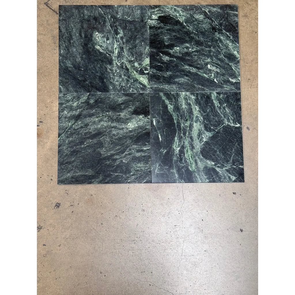 Four polished Verde Alpi Green Marble 12x12 tiles for elegant flooring or wall design