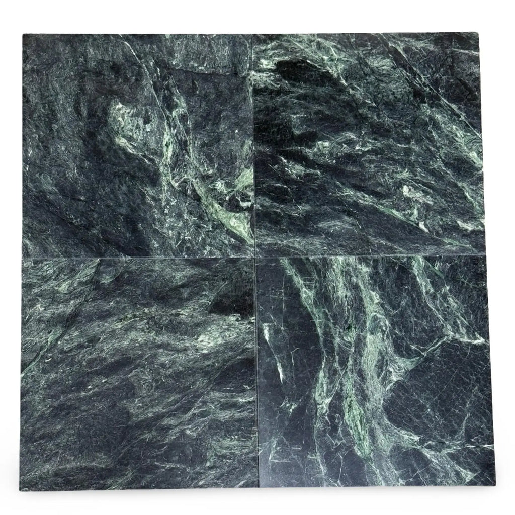 Square of polished Verde Alpi Green Marble tiles showcasing dark green marble surface