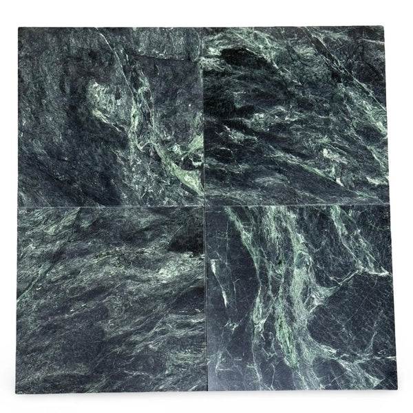 Square of polished Verde Alpi Green Marble tiles showcasing dark green marble surface