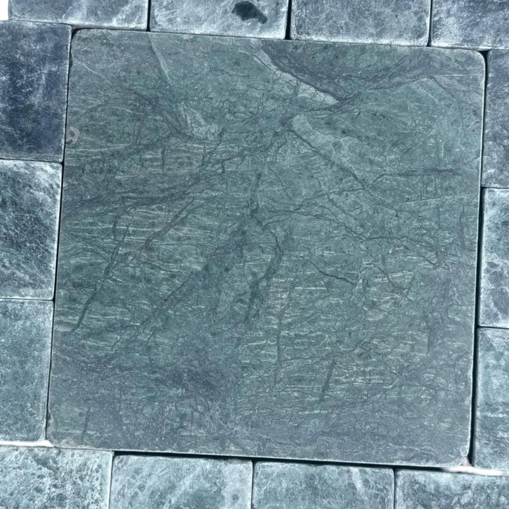 Square green marble tile from Verde Alpi Green Marble Tumbled collection