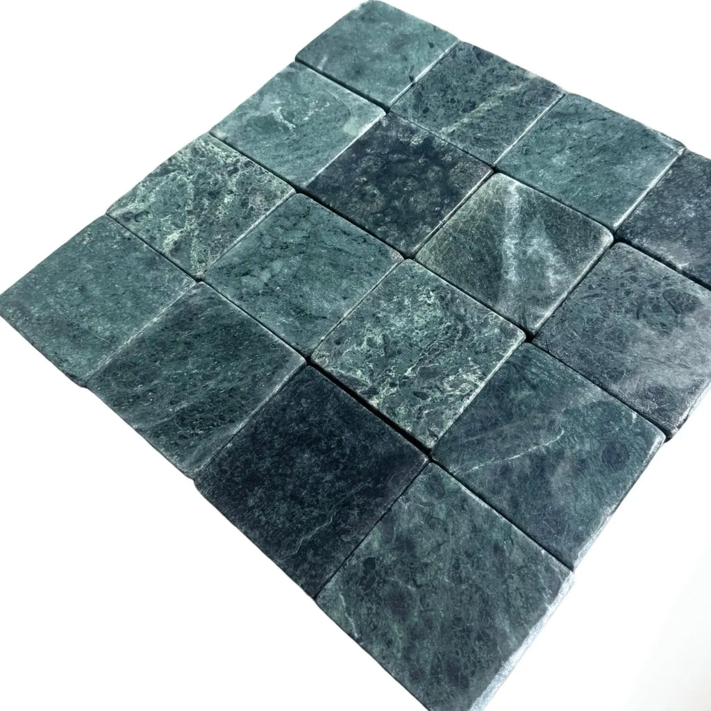 Square green marble tiles from Verde Alpi Green Marble Tumbled collection