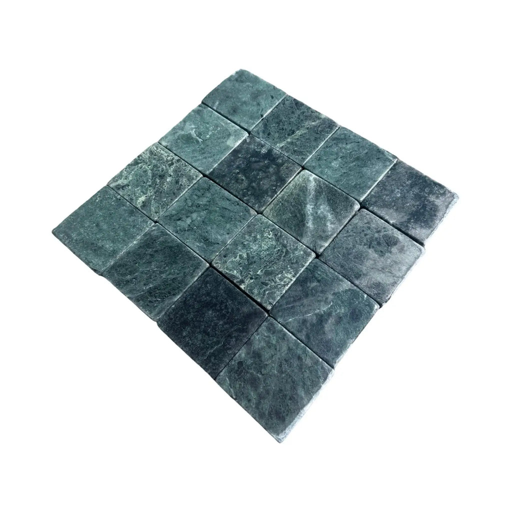 Square green stone mosaic tiles from Verde Alpi Green Marble Tumbled product display