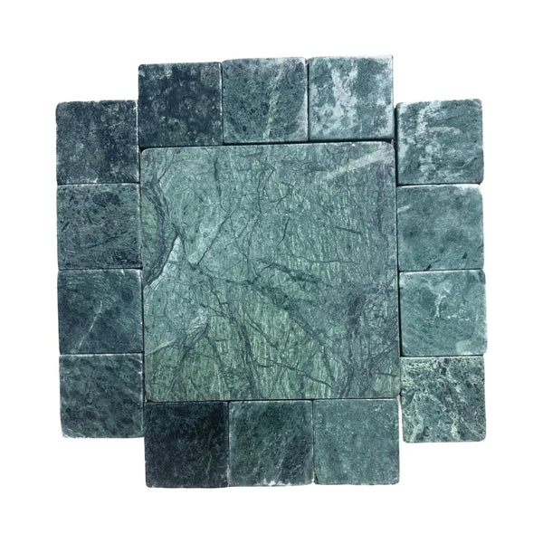 Green marble tile arrangement for Verde Alpi Green Marble Tumbled product display