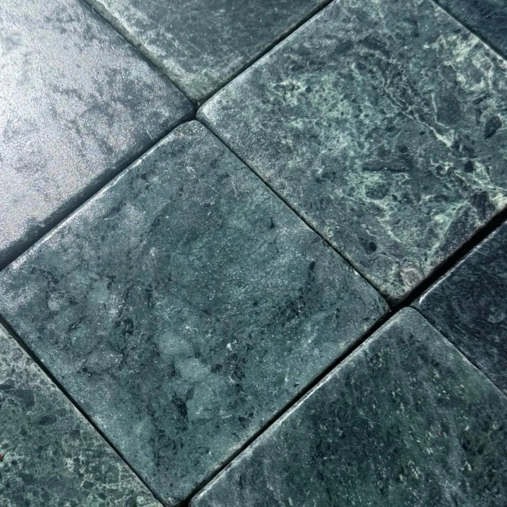 Verde Alpi Green Marble Tumbled tile showcasing a green marble tile pattern