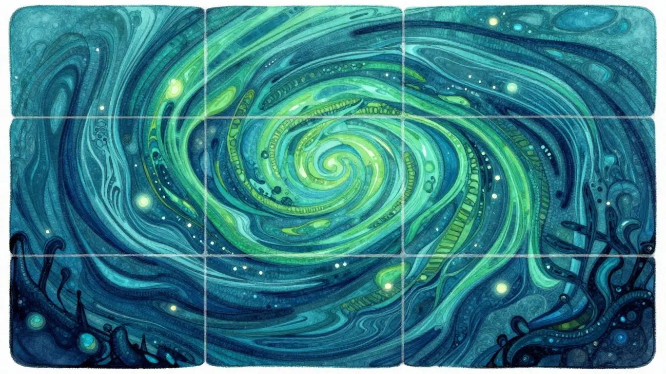 Ilustración de azulejos místicos del océano con remolinos azules y verdes profundos.