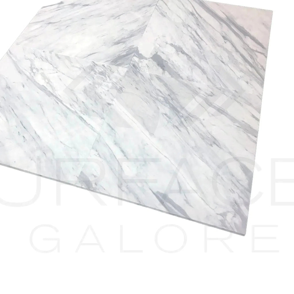White Volakas Marble slab tile 24x24 polished, showcasing elegant Greek design