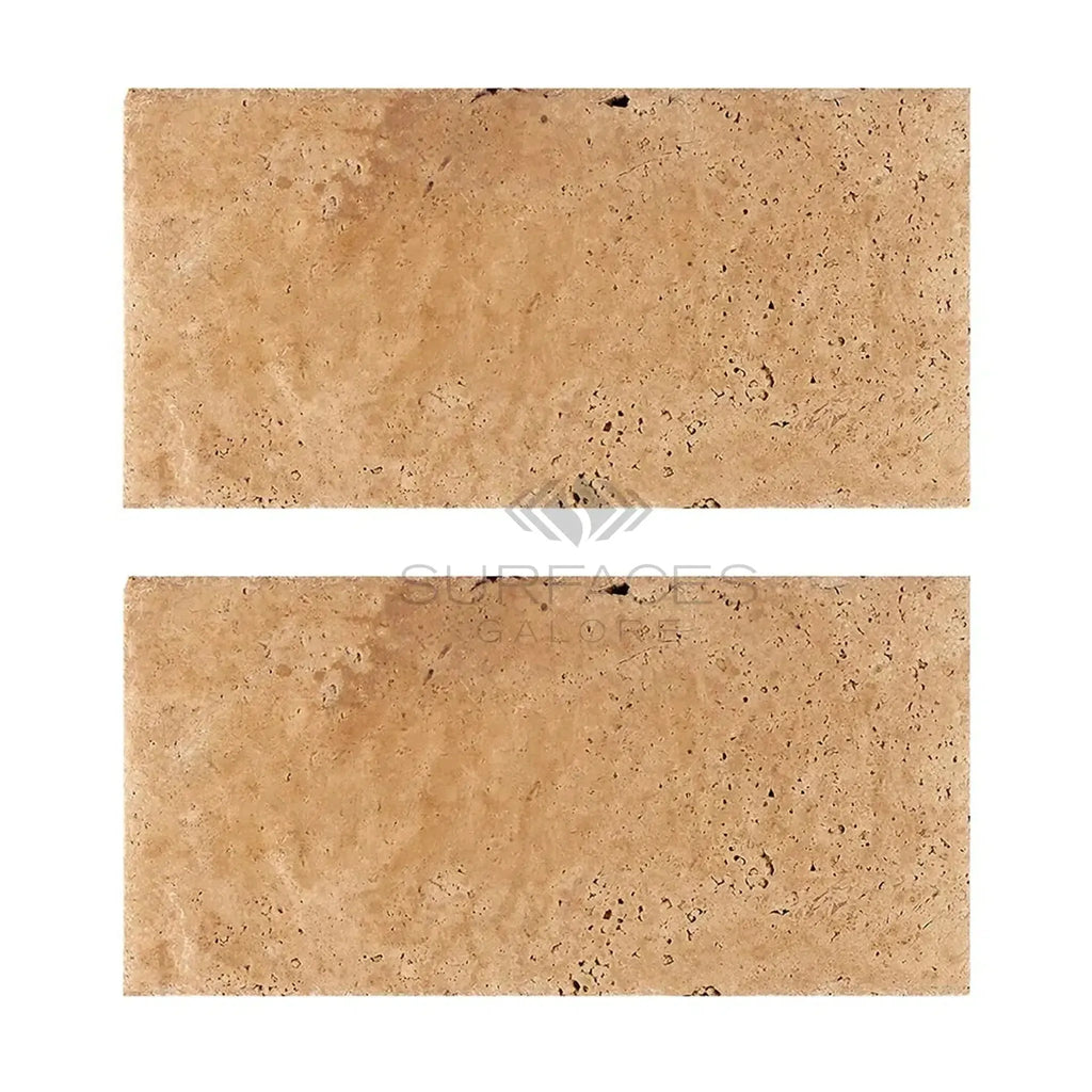 Two rectangular Walnut Travertine 16X24 tiles with brushed and chiseled edges