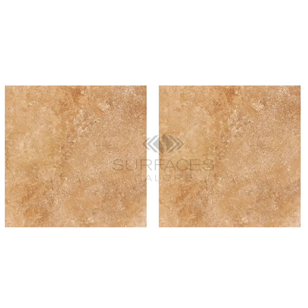 Two square Walnut Travertine 18X18 tiles, filled and polished or honed finish