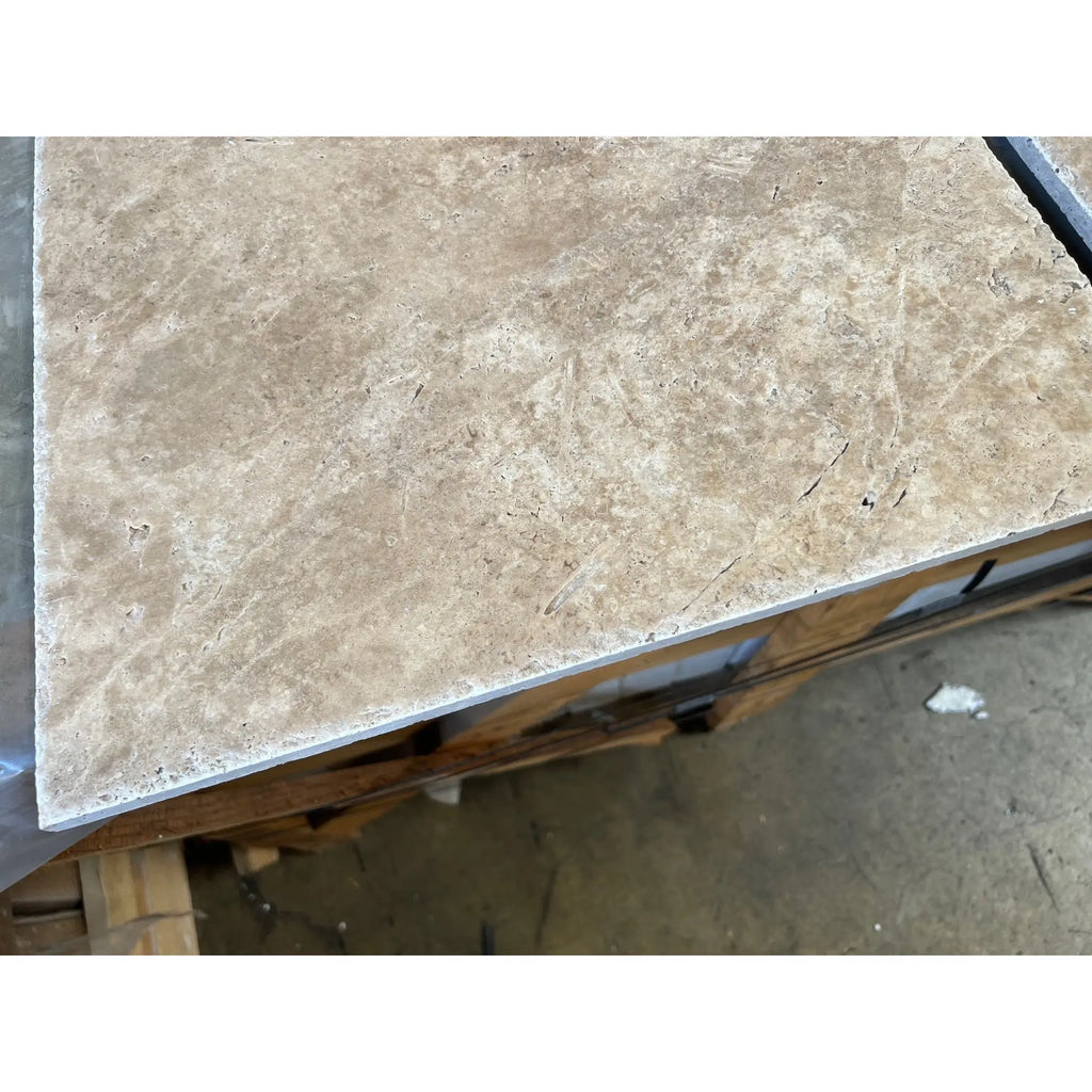 Beige marble tile in Walnut Travertine 18X18 Filled and Polished or Honed design
