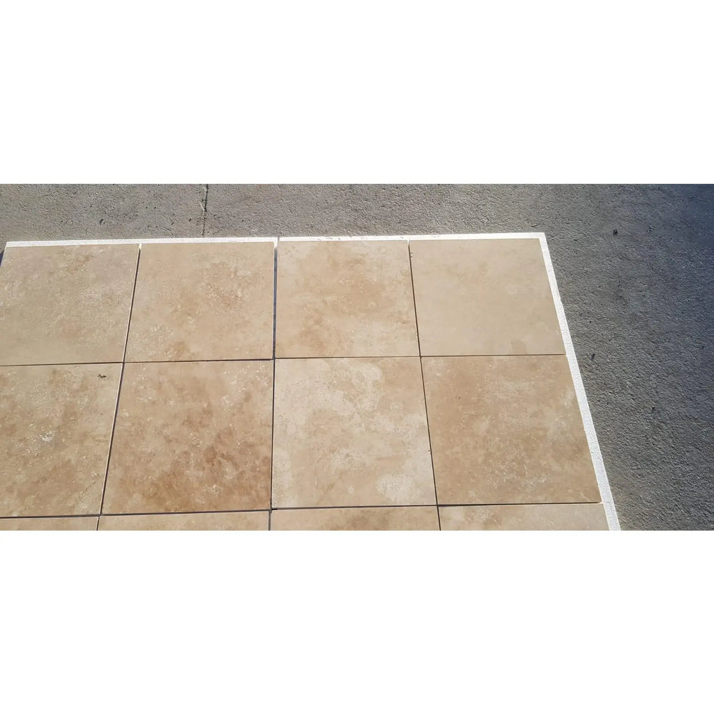 Beige Walnut Travertine 18x18 tile with white grout, polished or honed finish