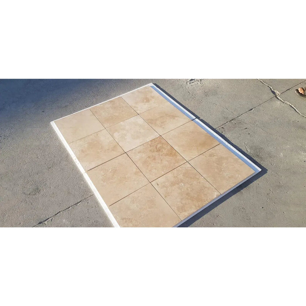 Tiled flooring section featuring Walnut Travertine 3X6 Tumbled tiles