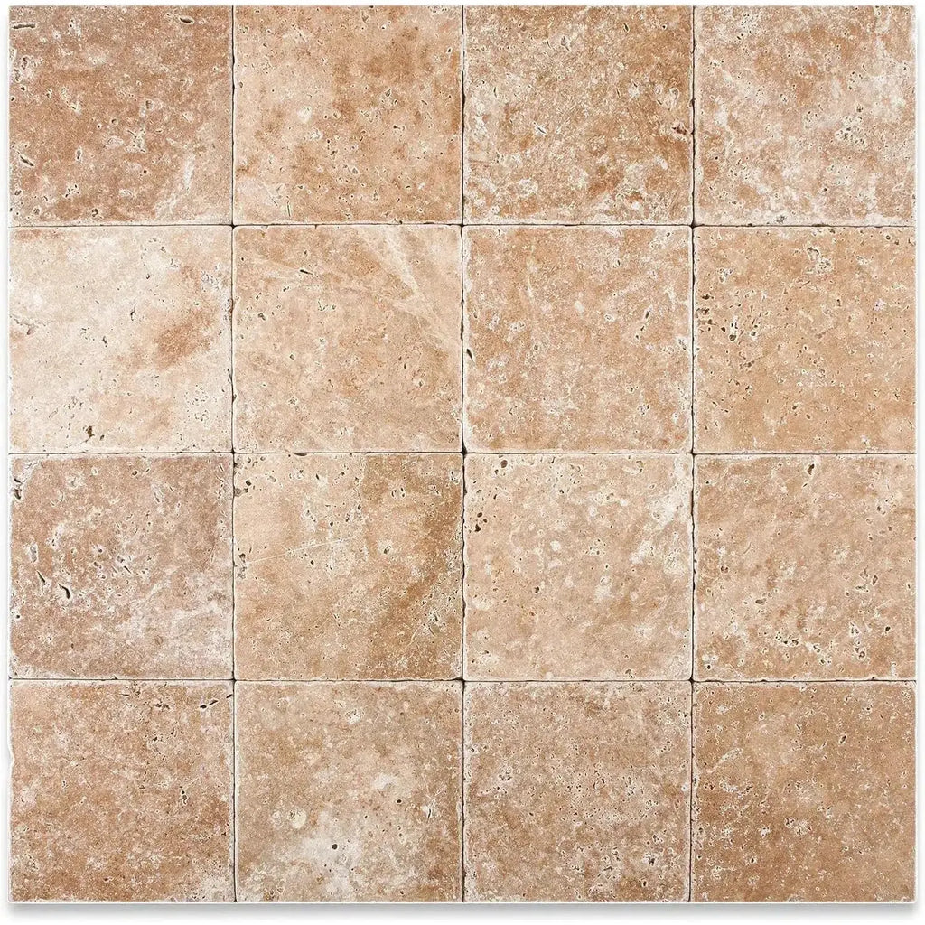 Square arrangement of Walnut Travertine 6X6 Tumbled tiles for elegant flooring design