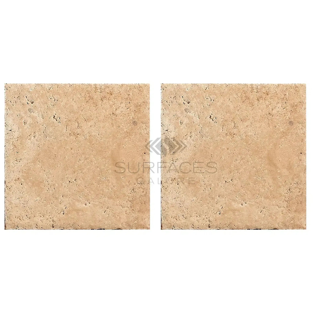 Two Beige Travertine Tiles from Walnut Travertine 8X8, Unfilled, Brushed, Chiseled Edge