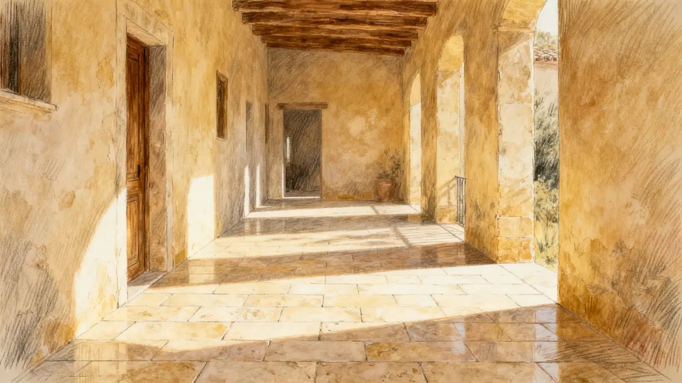 Travertine flooring in rustic home