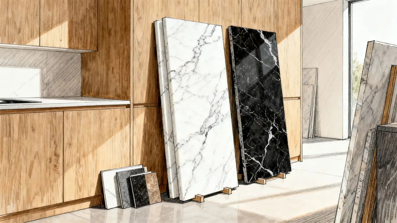 Illustrative marble countertop selection with veined slabs