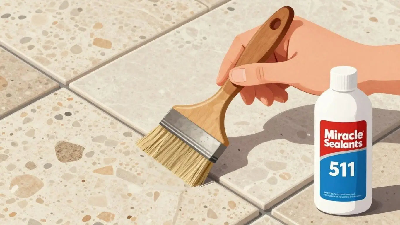 Hand sealing travertine tiles with Miracle 511 bottle