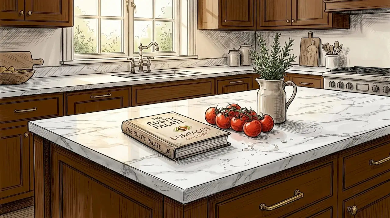 Carrara marble countertop in bright home kitchen