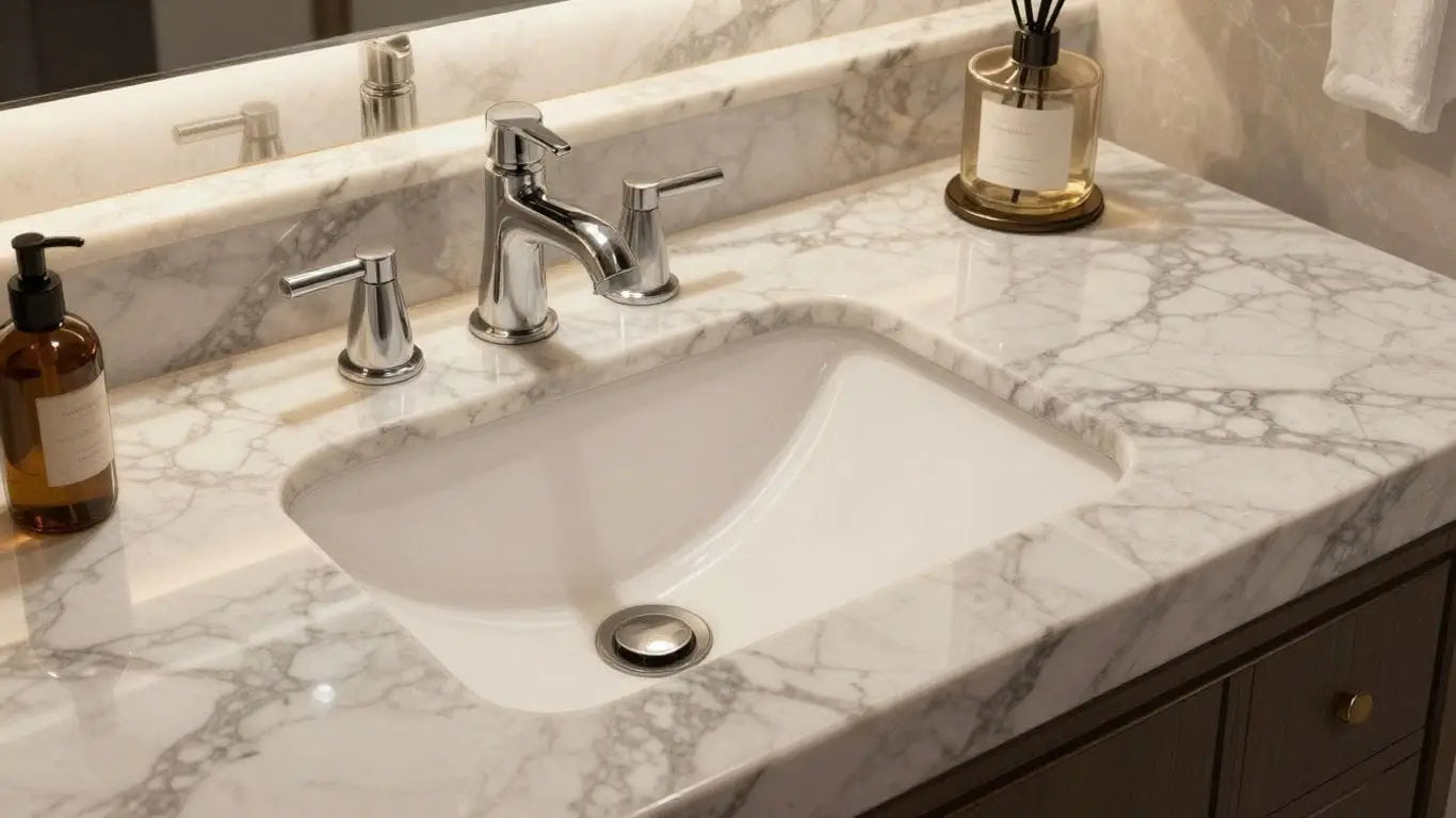 Marble vanity top with undermount sink, elegant bathroom design.