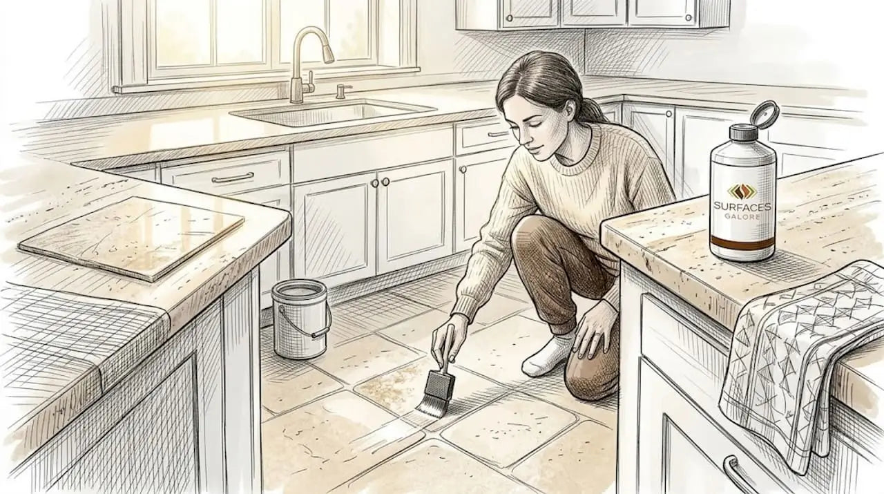 Homeowner sealing kitchen stone tile floor