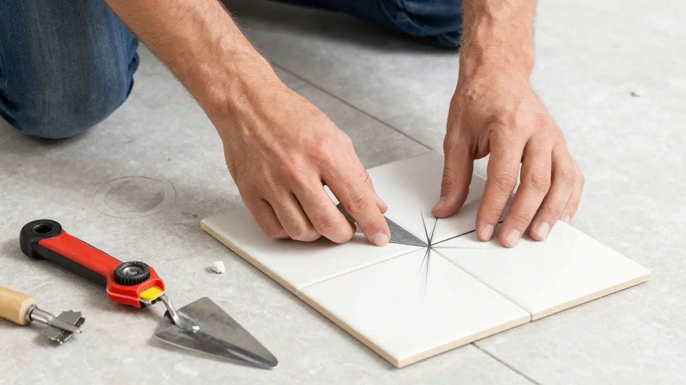 Hands laying tiles, tile cutter, and trowel on floor.