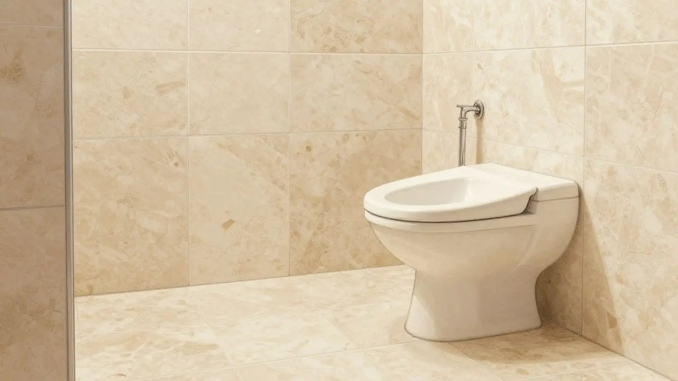 Ivory travertine tiles in a small bathroom sketch.