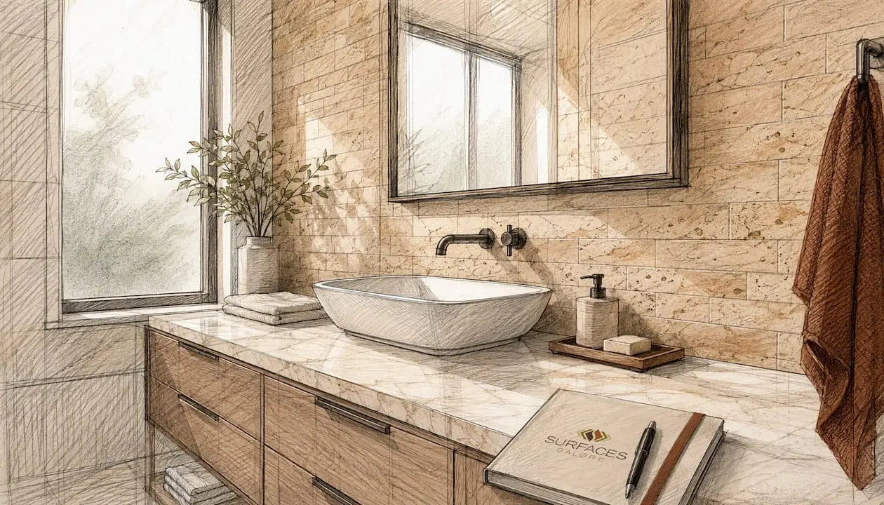 Bathroom with creamy travertine tile backsplash