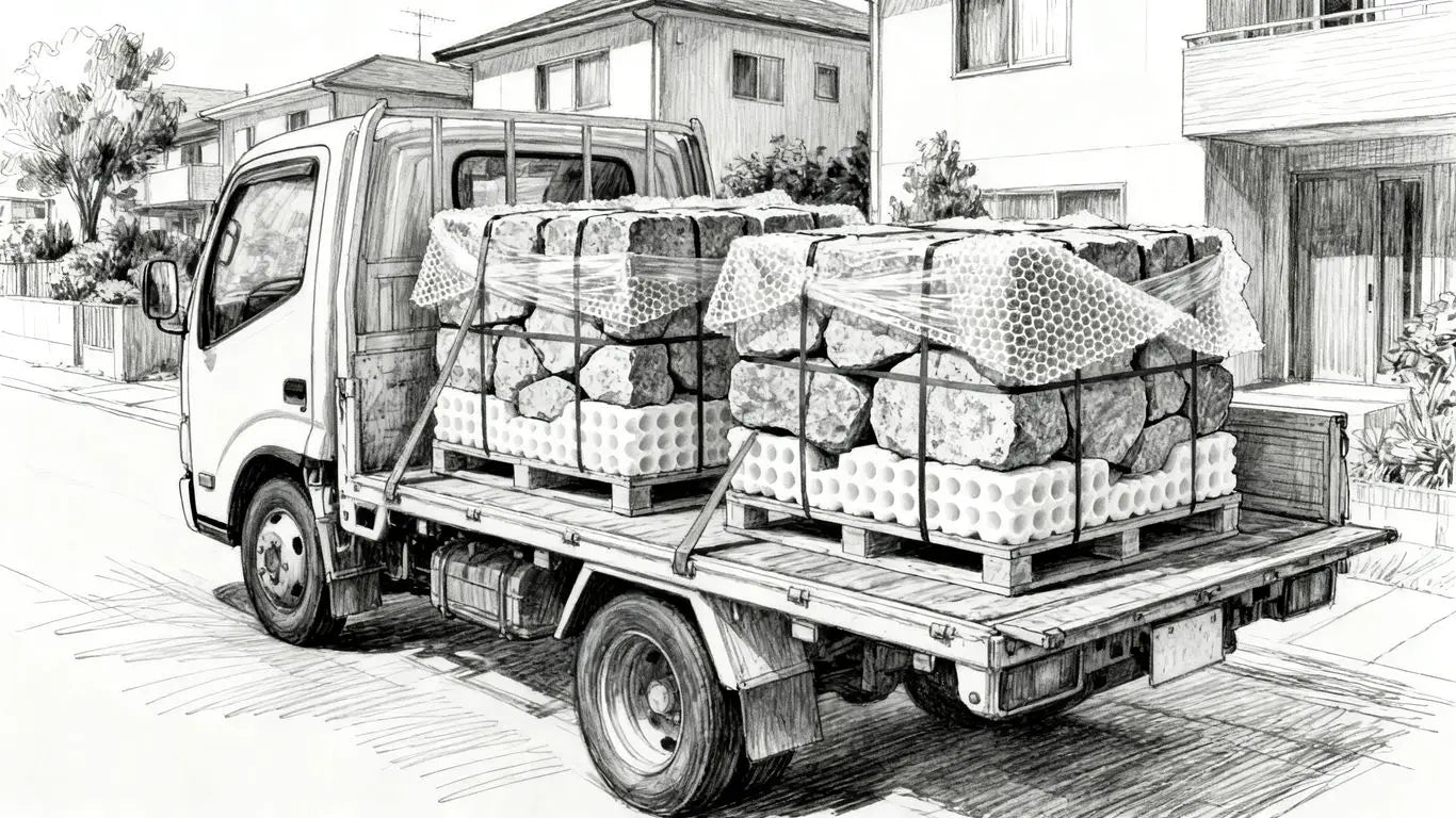 A delivery truck transporting carefully packed stone crates