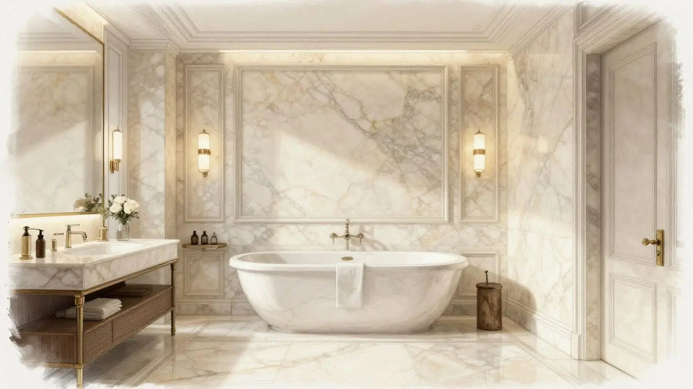 Ivory Travertine marble trim in a premium bathroom installation.