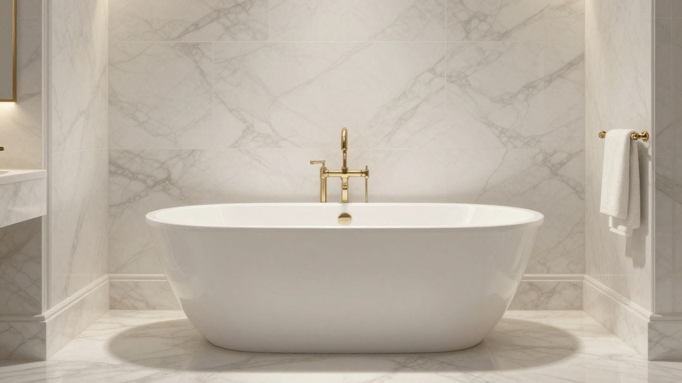 Elegant bathroom with white marble tiles and bathtub.