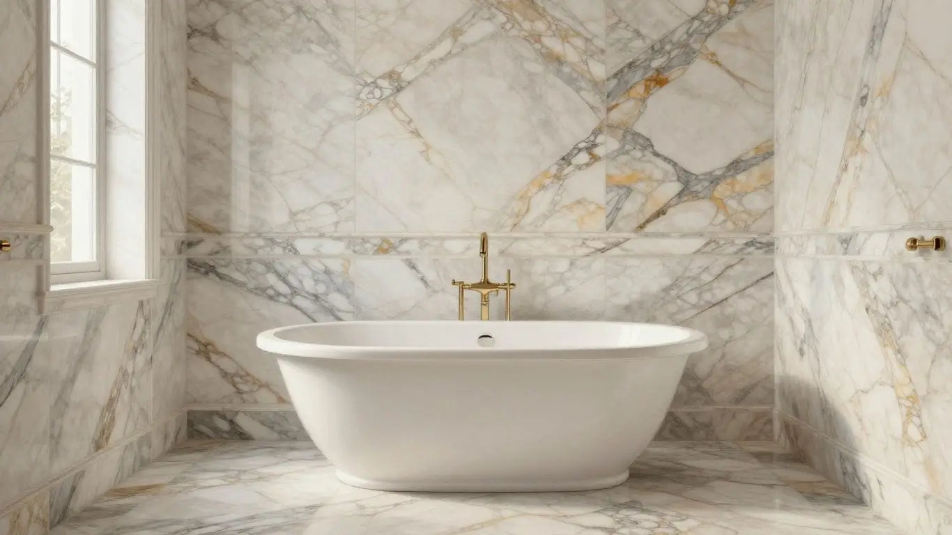 Colored marble tiles in a luxurious bathroom design.