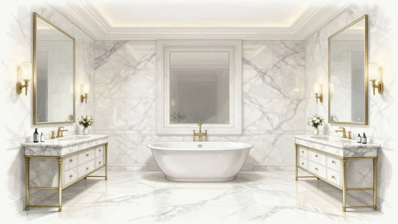 Elegant white marble bathroom design sketch.